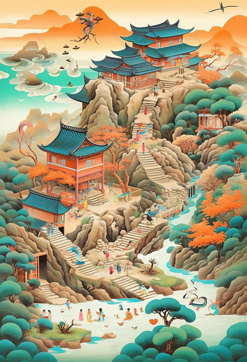 中式山中庭院人群手绘插画,插画/手绘图,插画/手绘图库,插画/手绘图下载,插画/手绘